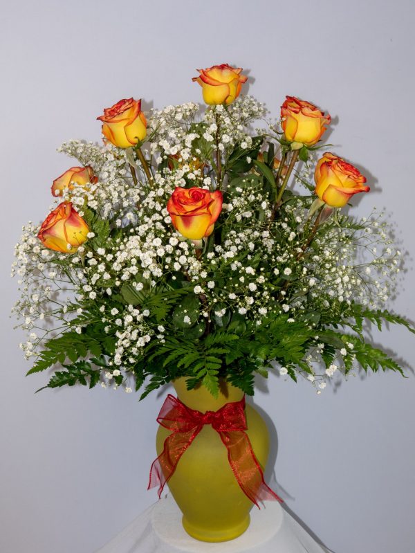 Dozen Yellow Roses with Red Tips plus Fern and Baby's Breath ...